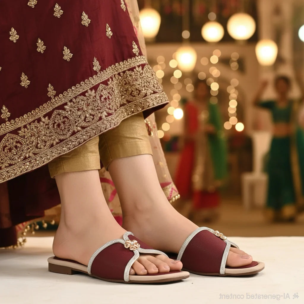 Maroon women slippers worn with a traditional outfit in a festive setting