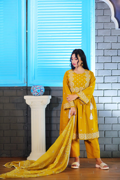Zorya Mustard Embroidered 3Pcs