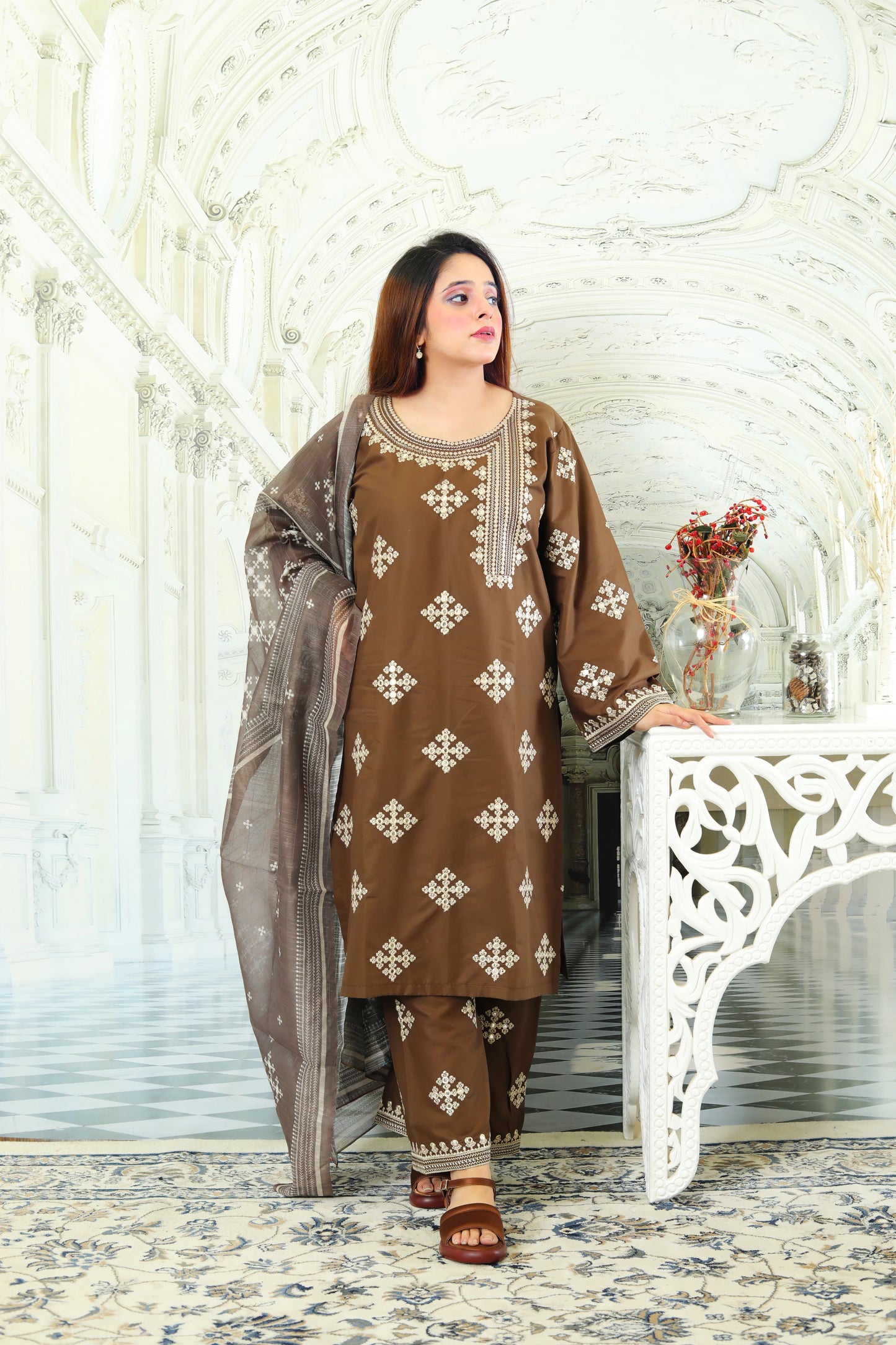 Yuliya Brown Embroidered 3Pcs